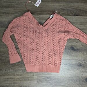 Jessica Simpson Mauve Pointelle Cable Knit Twist Back V-Neck Sweater SMC2028 L